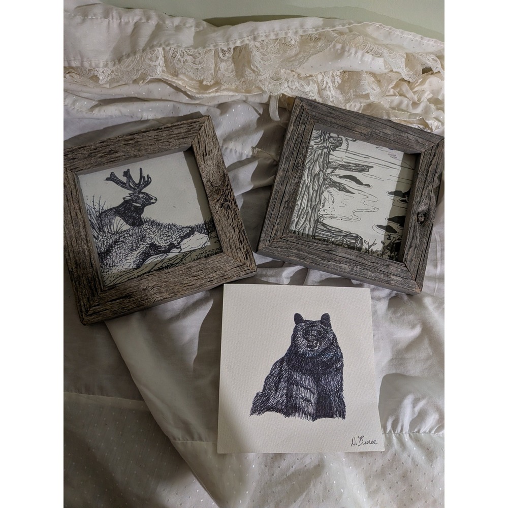 N Bruce Signed Ink Drawings Wildlife Art Set of 3 Barn Wood Frames Bear Buck